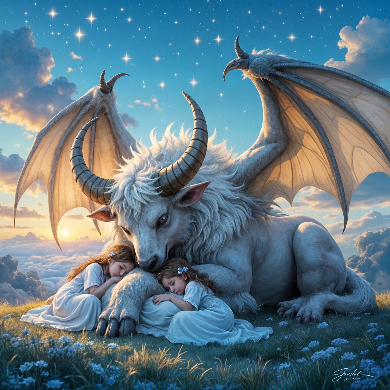 Guardian Sky Beast Soaring with Sleeping Orphans