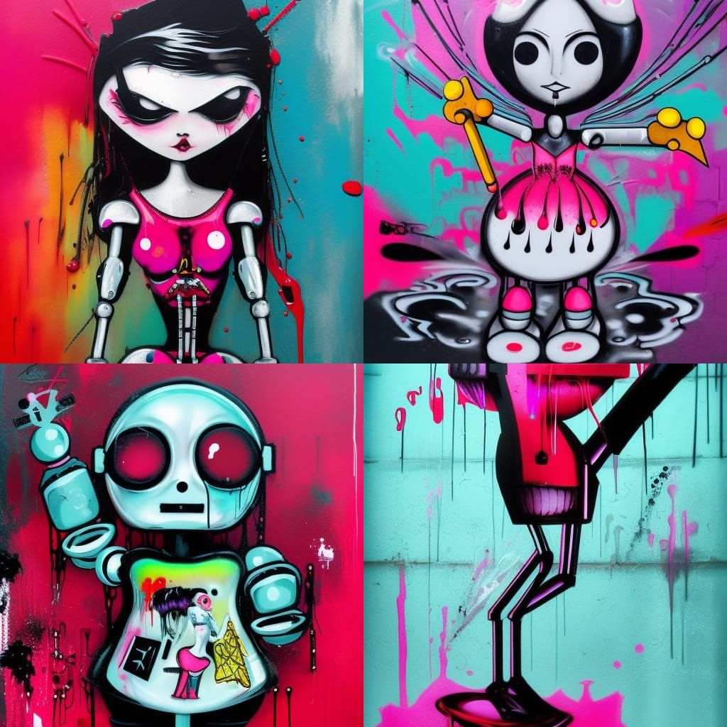 Gothic Horror Ballerina Robot in Graffiti Splash Art