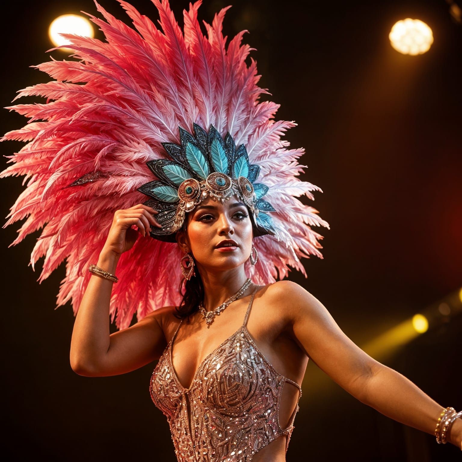 Futuristic Cabaret Dancer in Sequins and Feathers