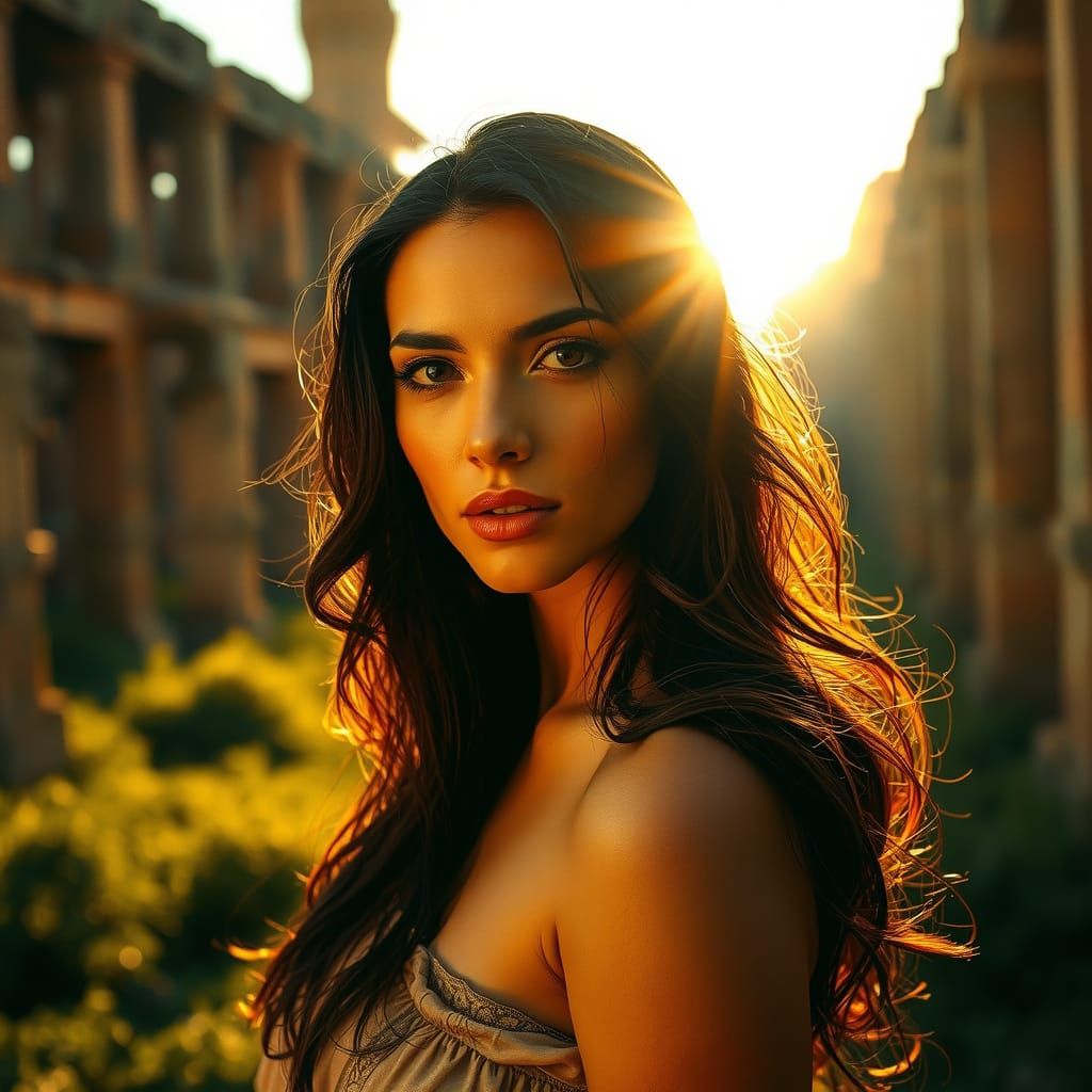 Woman in Ruins: Cinematic Golden Hour