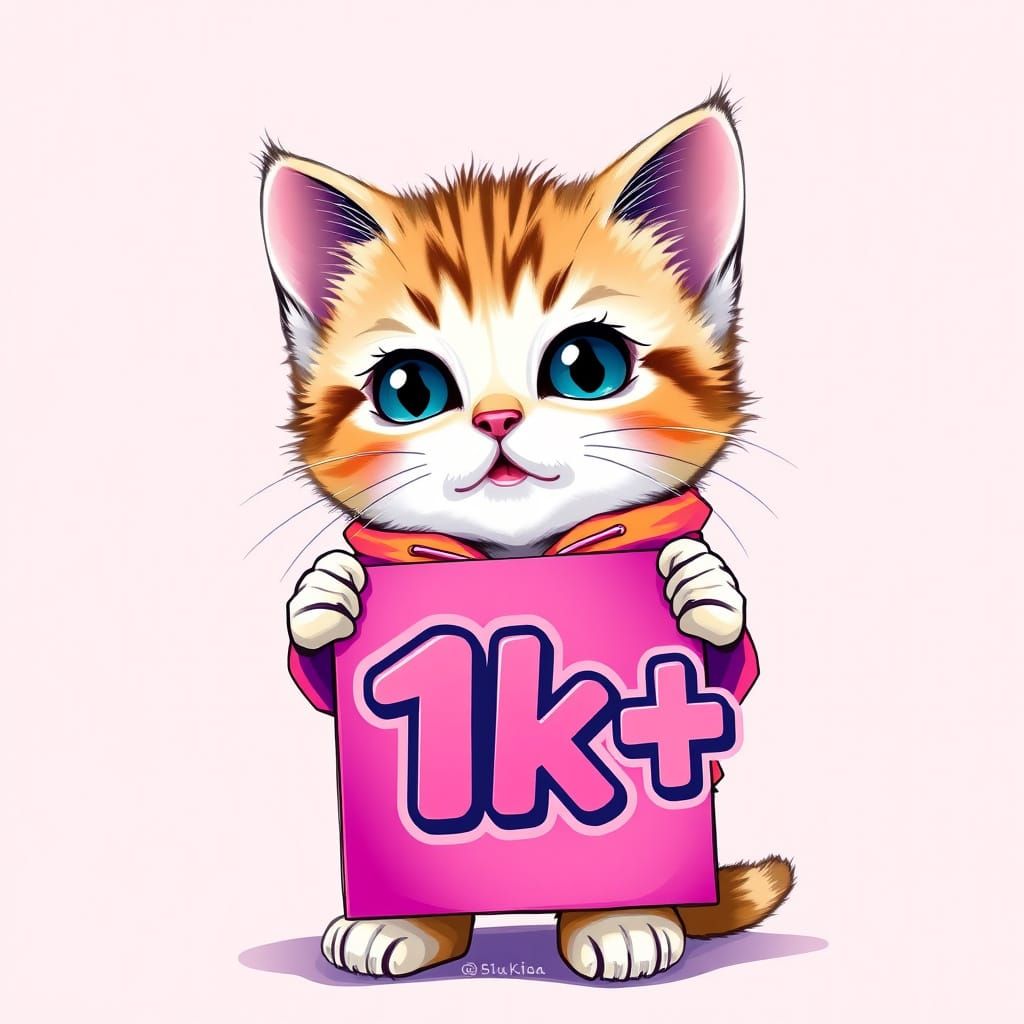 Kitten Holding Poster in Playful Digital Art Style