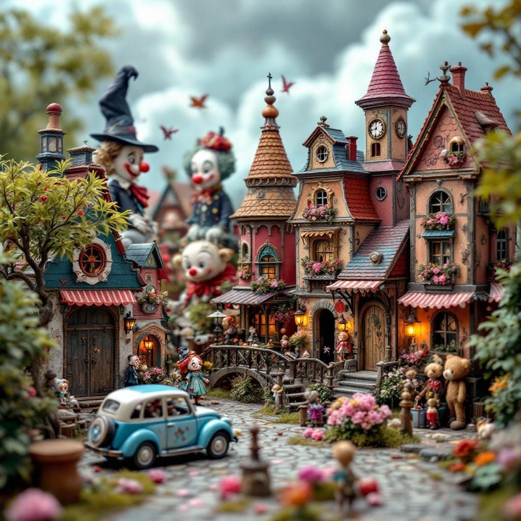 Intricate Miniature Town of Antique Toys and Porcelain Dolls