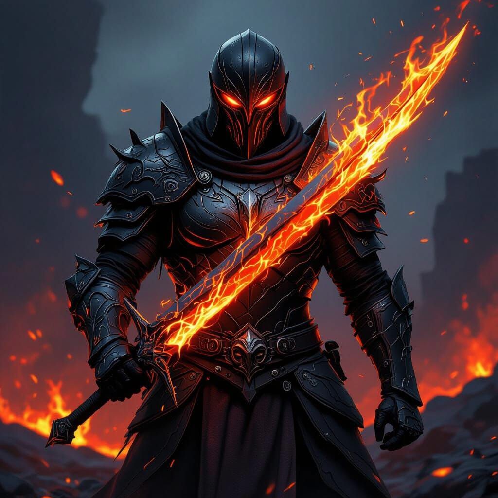 Obsidian Knight Wielding Flaming Sword in Volcanic Landscape