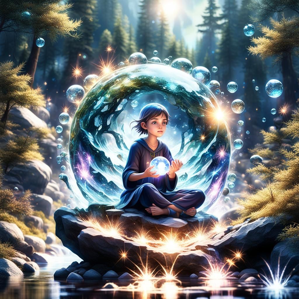 Pixie Manipulating Water Orb in Forest Stream