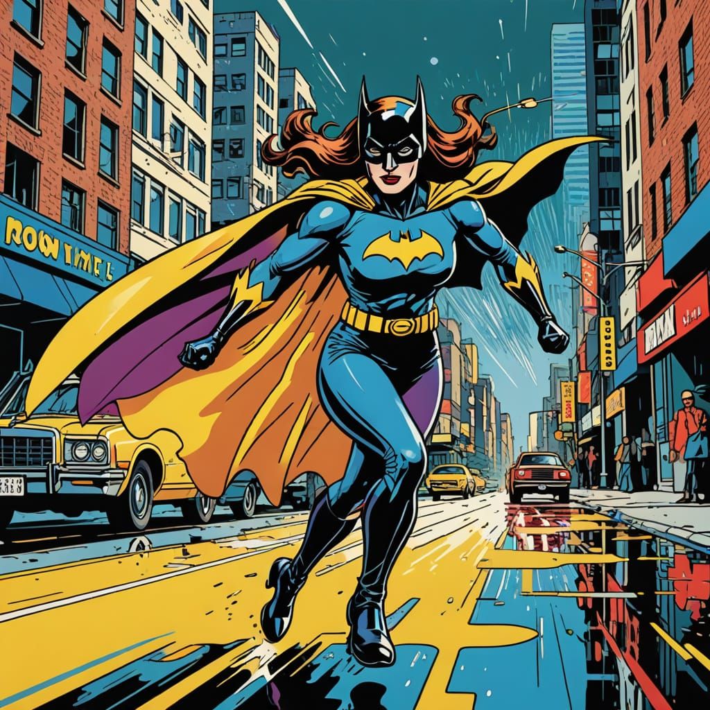 Vibrant 8K Still of Retro Futuristic Batgirl and Batman