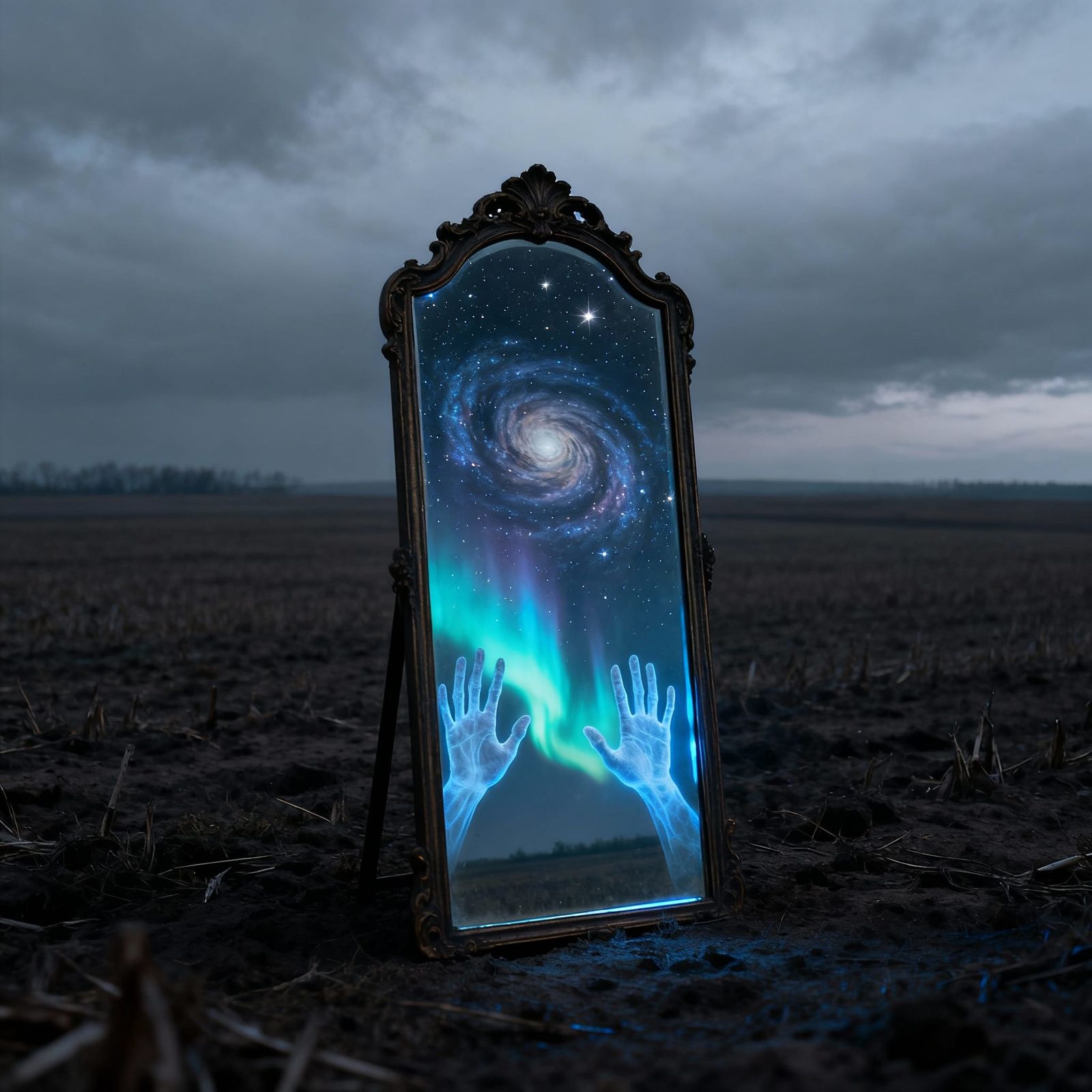 Surreal Mirror Reflecting Nebula with Ghostly Hands