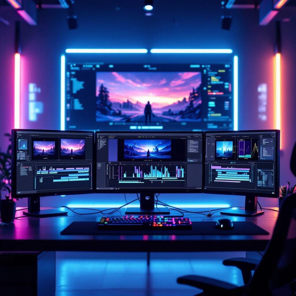 Cinematic Workspace with Modern Editing Desk in Syd Mead Sty...