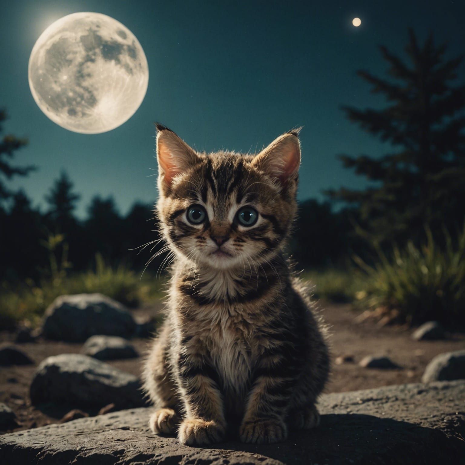 Cute Baby Cat Under Full Moon