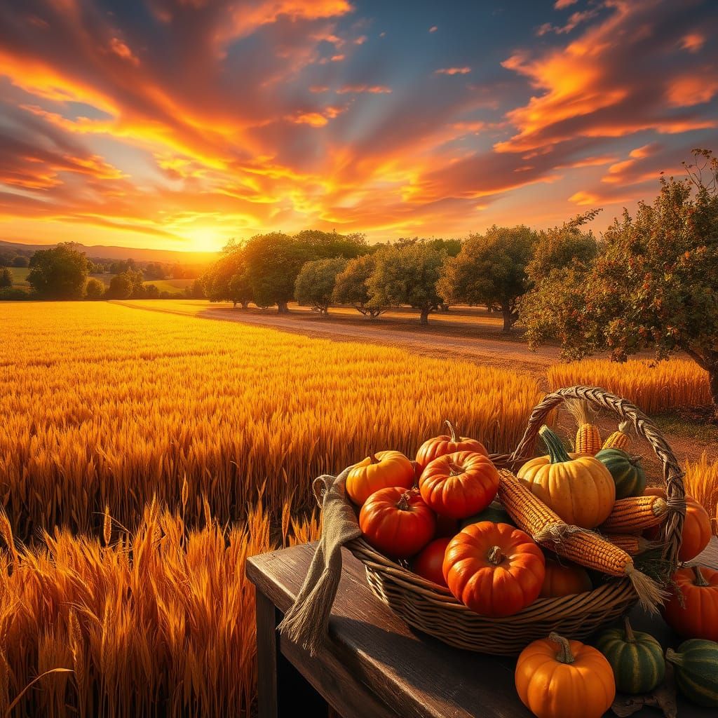 Golden Autumn Harvest Vista with Festive Table