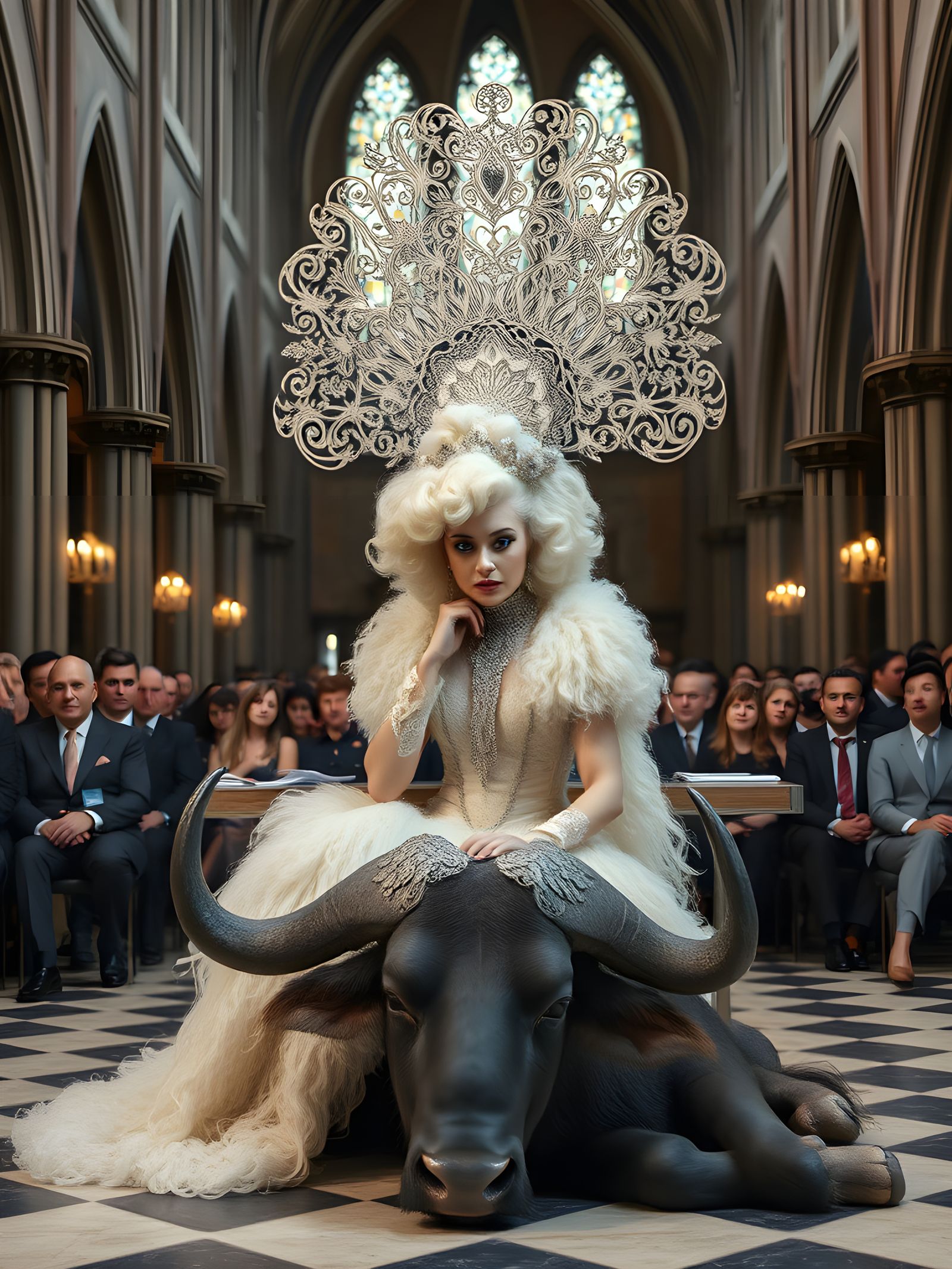 Albino Woman in Gothic Cathedral with Buffalo