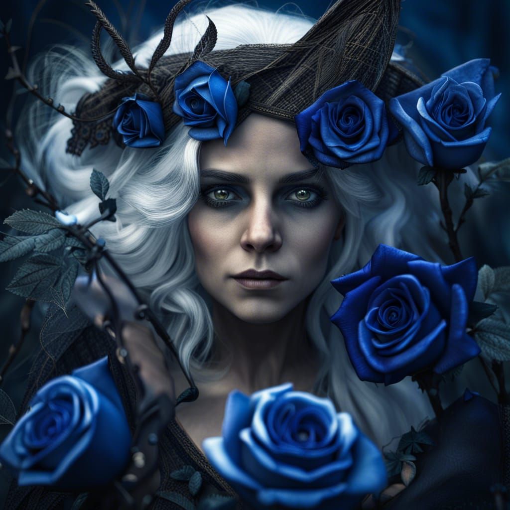 Hyperrealistic Witch with Blue Roses, Detailed HDR