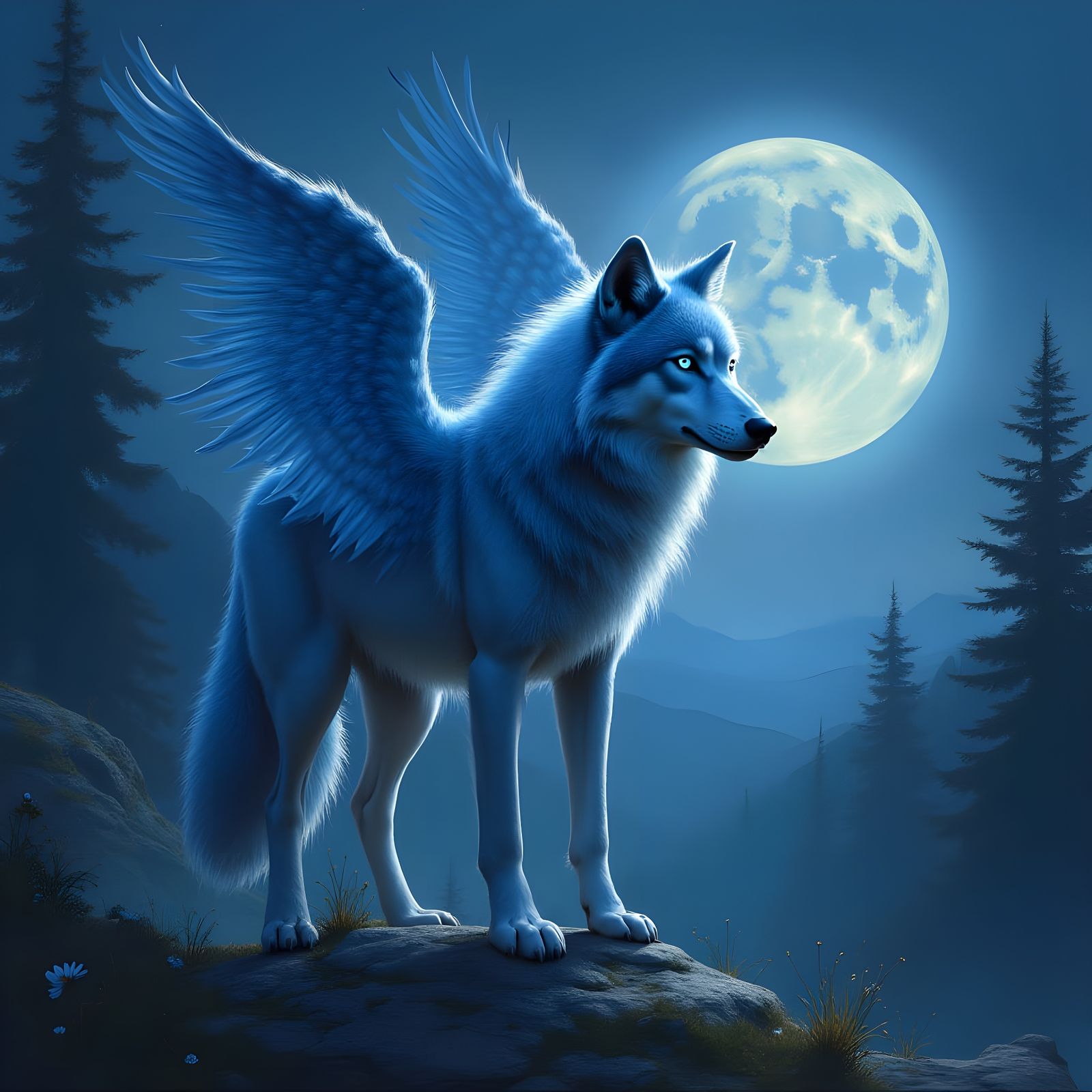 Wolf with Wings and Blue Eyes in Ethereal Art