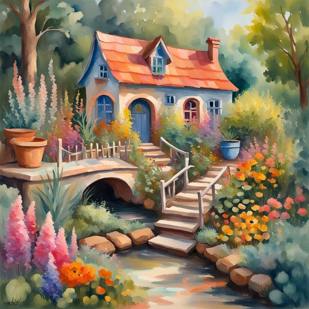 Enchanting Fairy Garden in Gouache Style