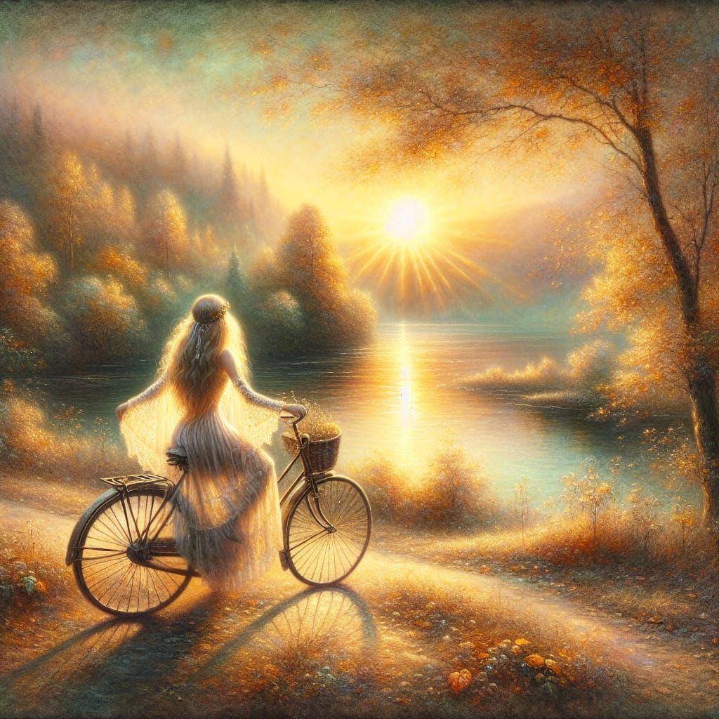Impressionistic Autumn Scene with Girl on Bicycle