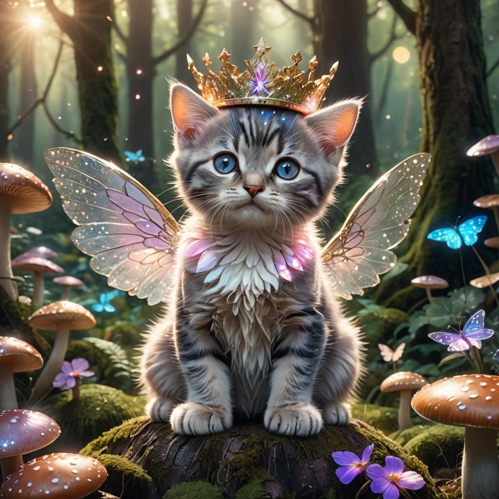 Pastel Kitten in Magical Forest, Digital Art