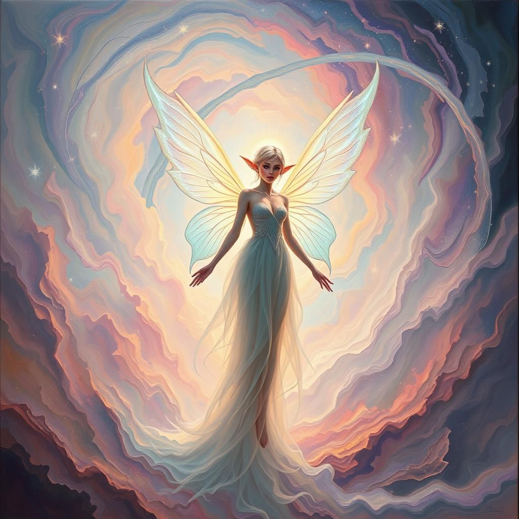 Ethereal Fairy Elf in Dreamlike Impasto Landscape