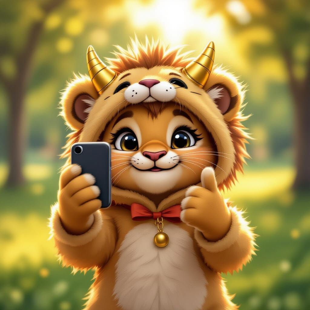 Lion Cub in Cat Mask Takes Selfie in Park
