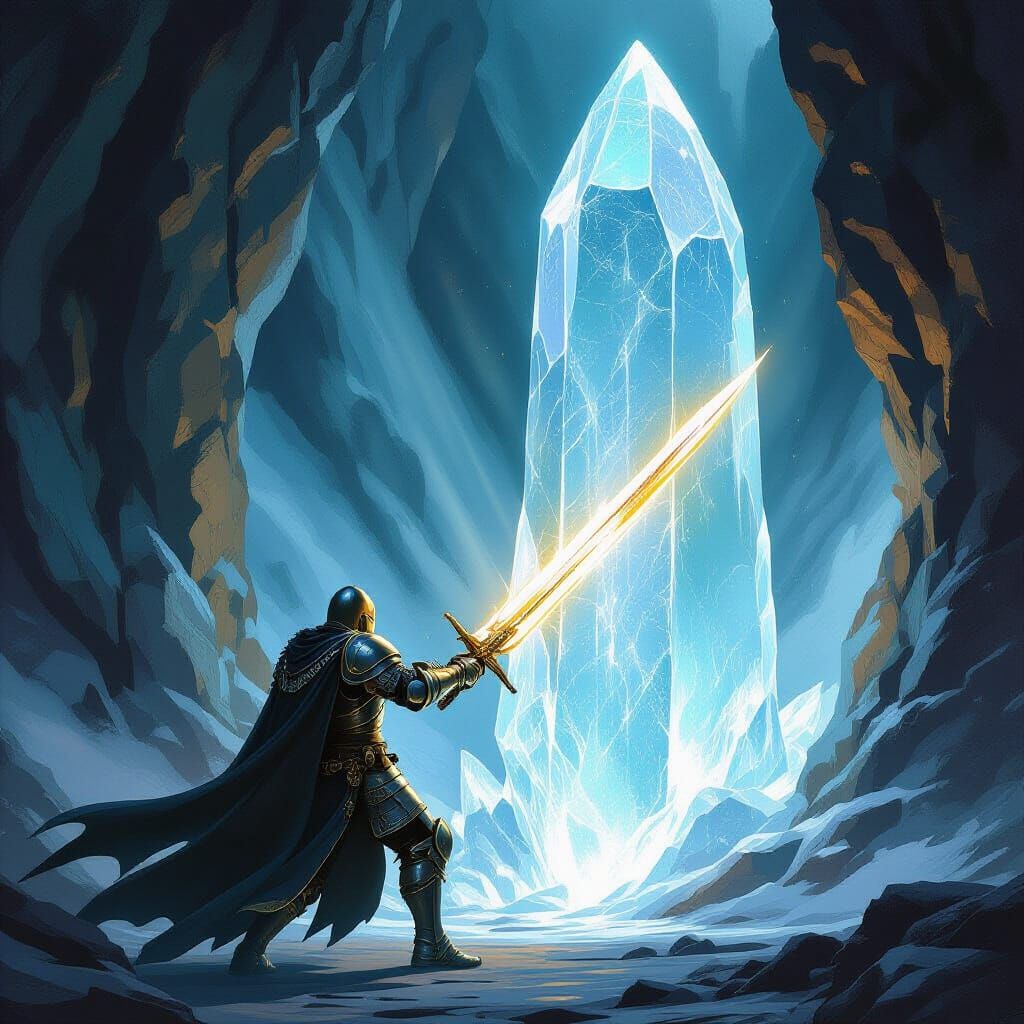 Knight Pulling Sword from Crystal, Dramatic Lighting