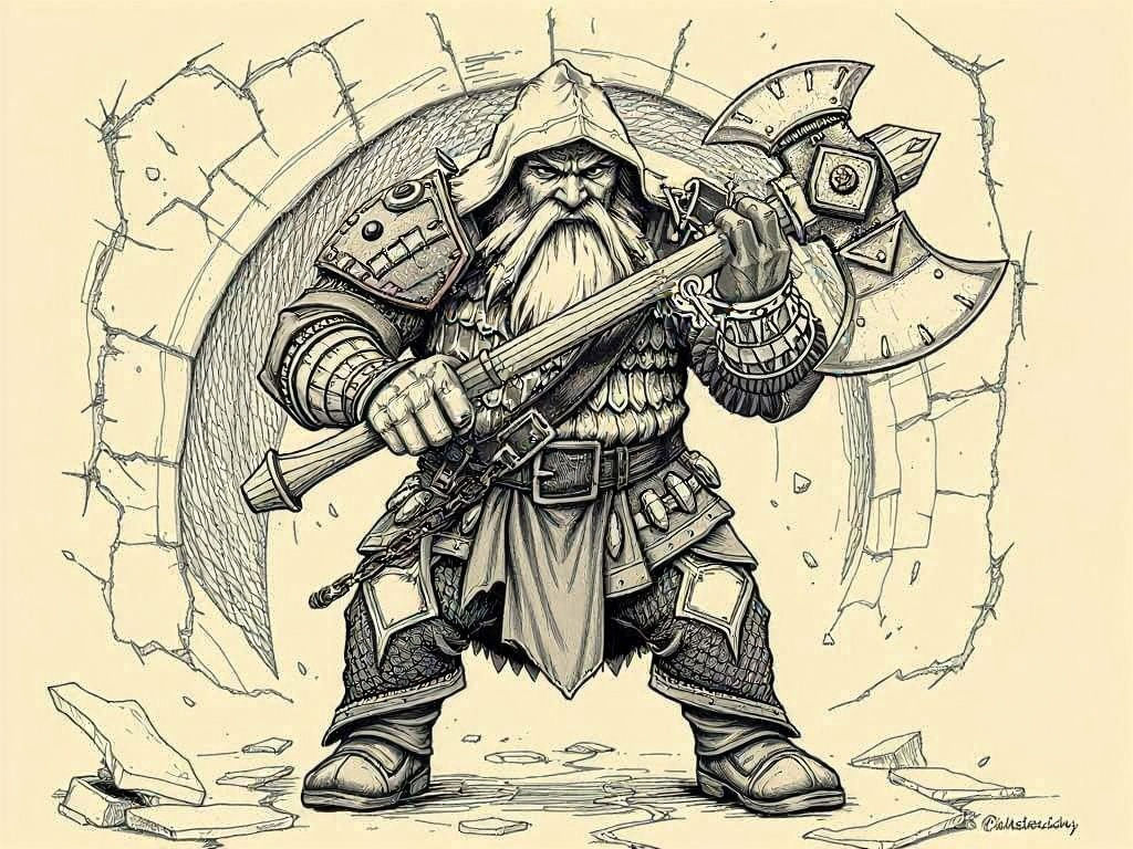 Sepia Ink Drawing of Medieval Dwarf Warrior