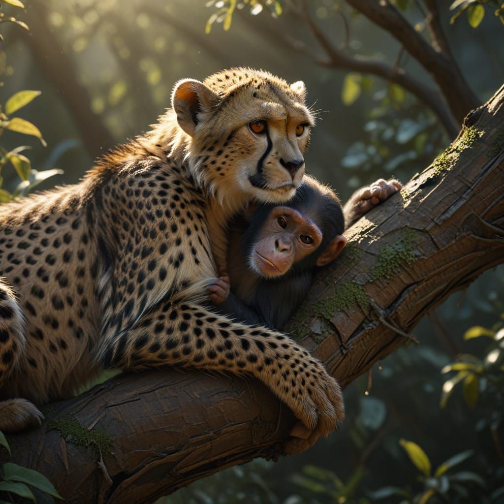 Cheetah and Chimpanzee Share Peaceful Moment