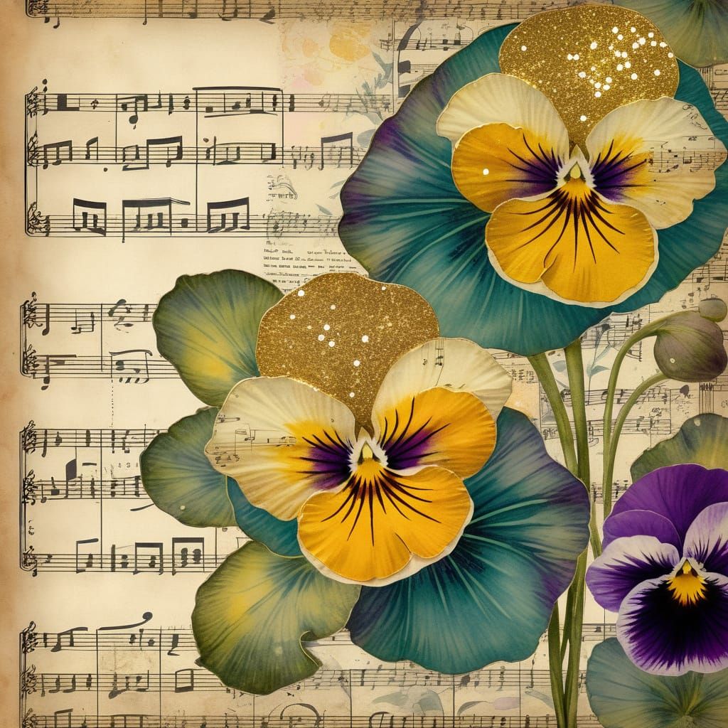 Pansies and Lily Pads in Art Nouveau Collage