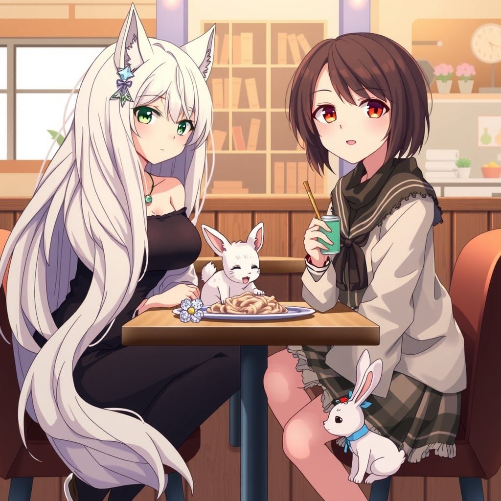 Anime Women Enjoy Noodles in Cozy Cafe