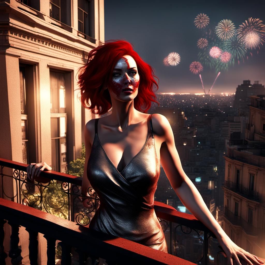 Balcony Scene: Redhead with Wine in Buenos Aires