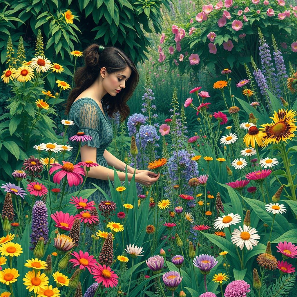 Woman Tending Lush Botanical Garden with Blooming Wildflower...