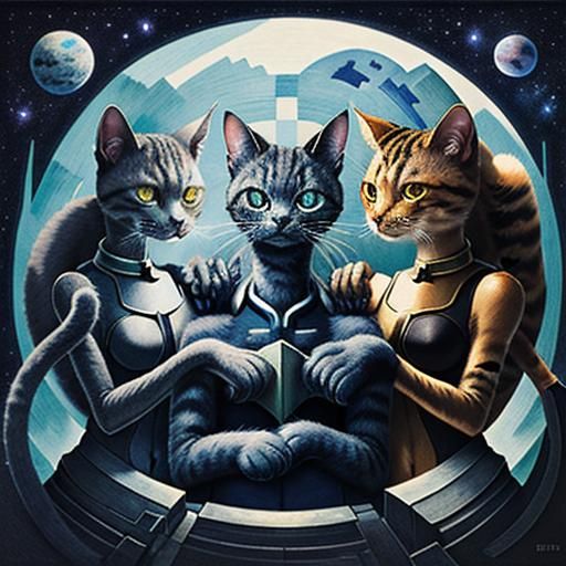 Three-Headed Cat in Anime Galactic Storybook Style
