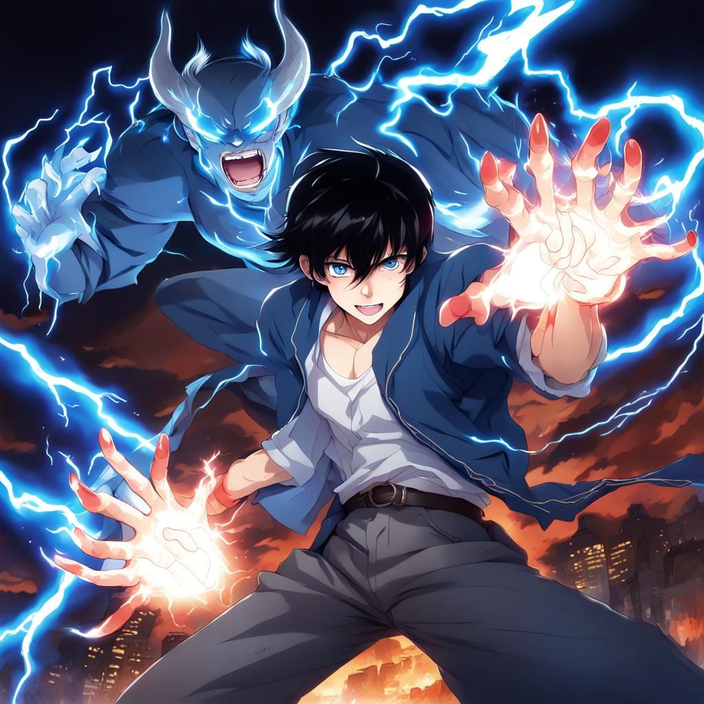 Anime Teen Hero Punches Demon with Lightning
