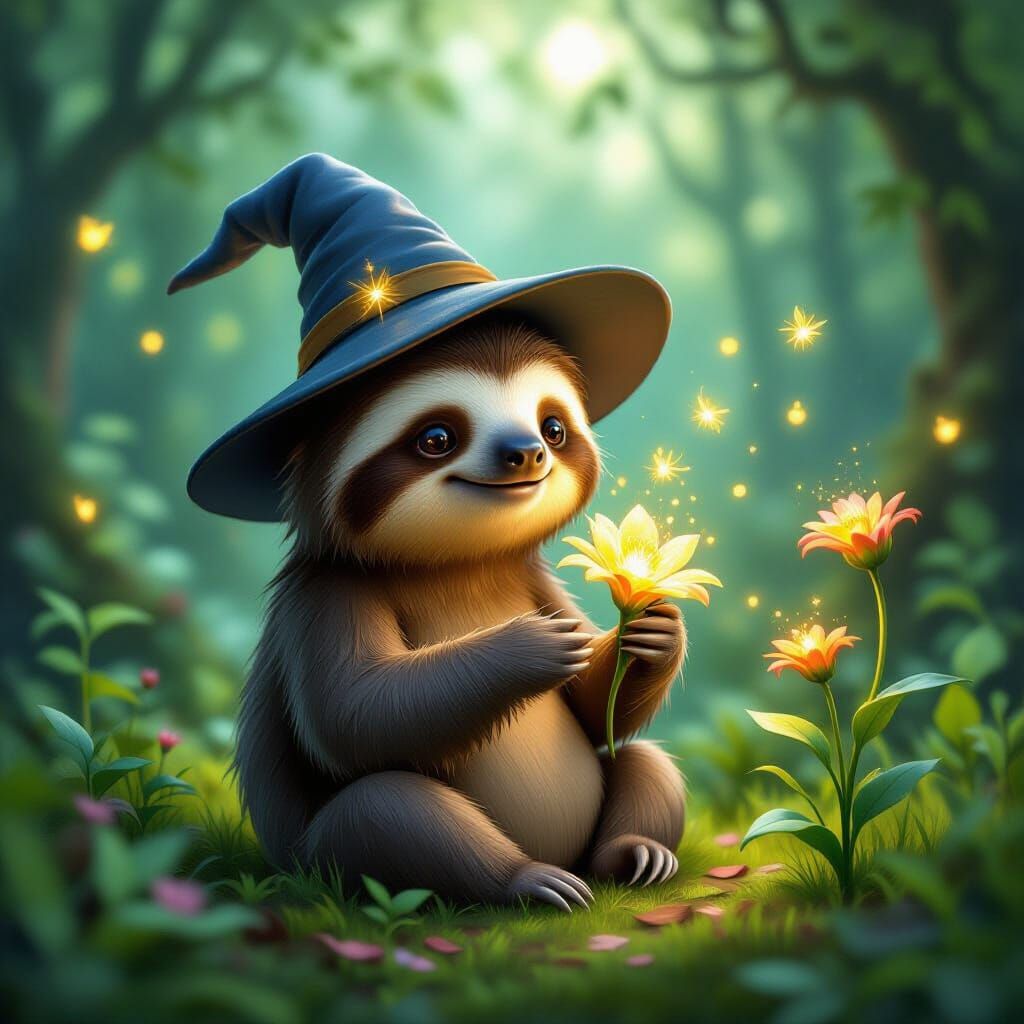 Whimsical Sloth Wizard Sips Nectar in Enchanted Forest
