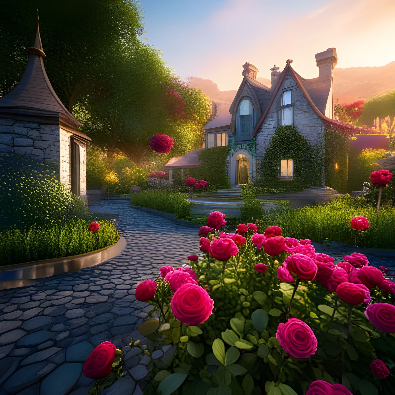 Beautiful Roses in Garden: Fantasy Concept Art