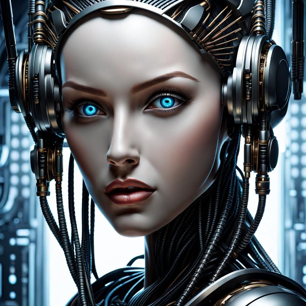 Beautiful Cybernetic Woman Interfacing with Terminal