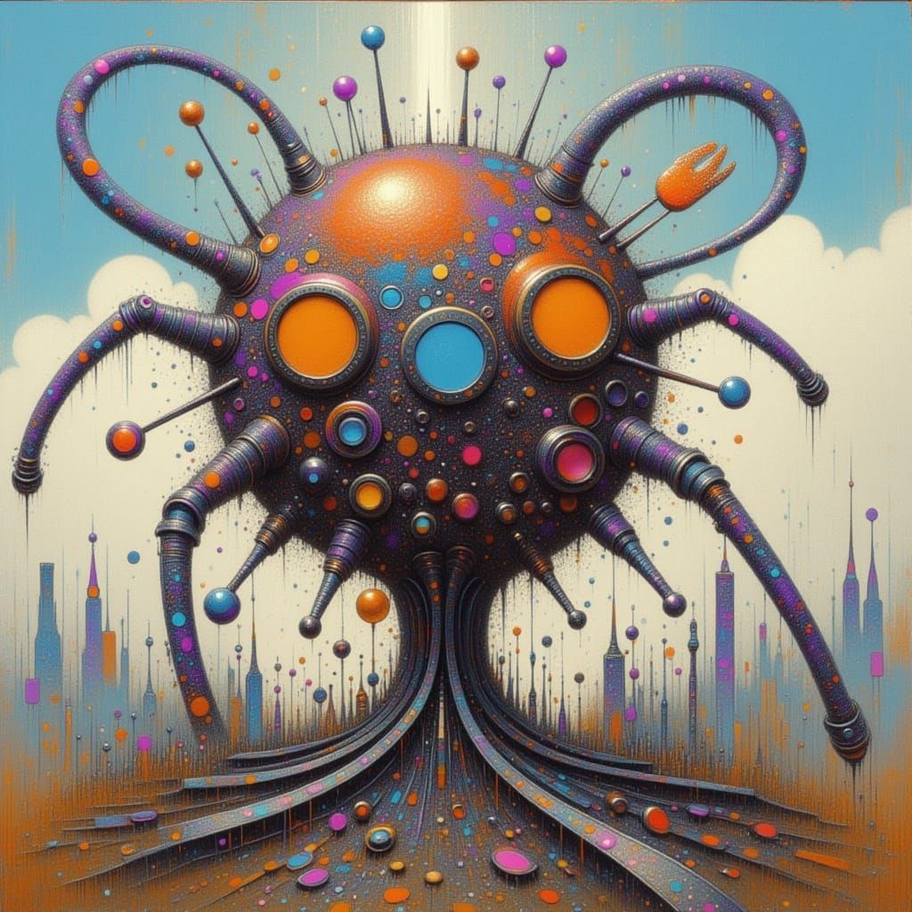 Robots in Sunset Meadow in Cyberpunk Style