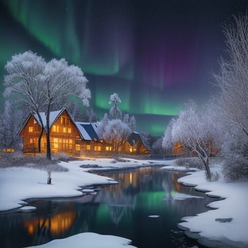 Snow-Kissed Village Beneath Aurora Borealis
