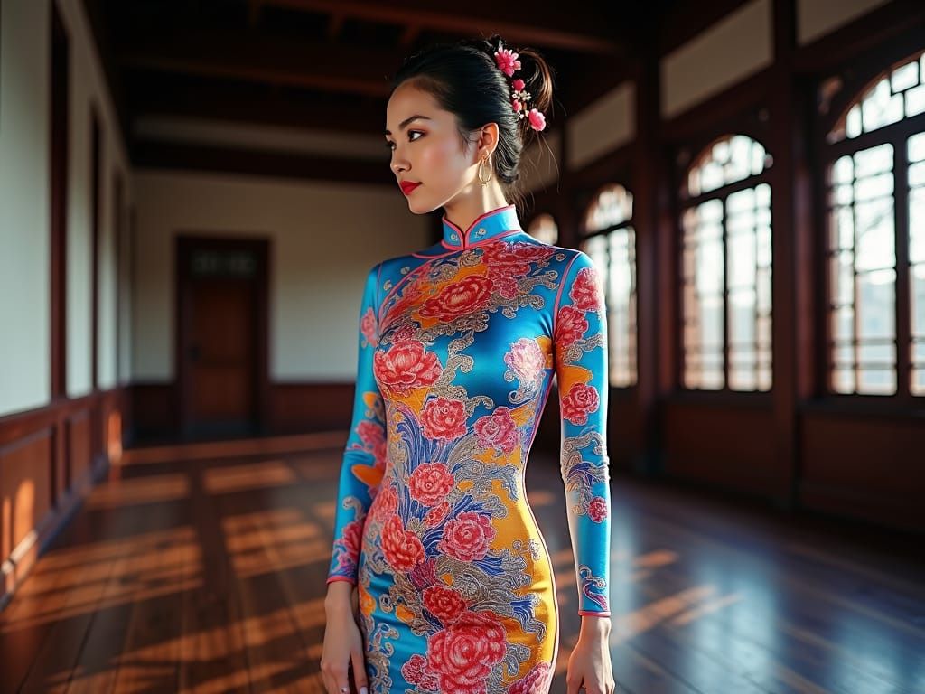 Vibrant Woman in Cheongsam with Neon Body Paint