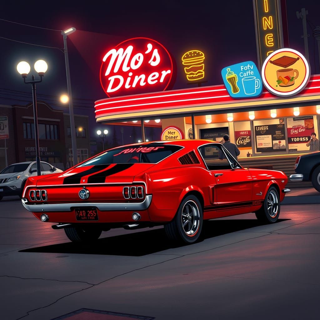1965 Red Muscle Car at Neon Diner at Night