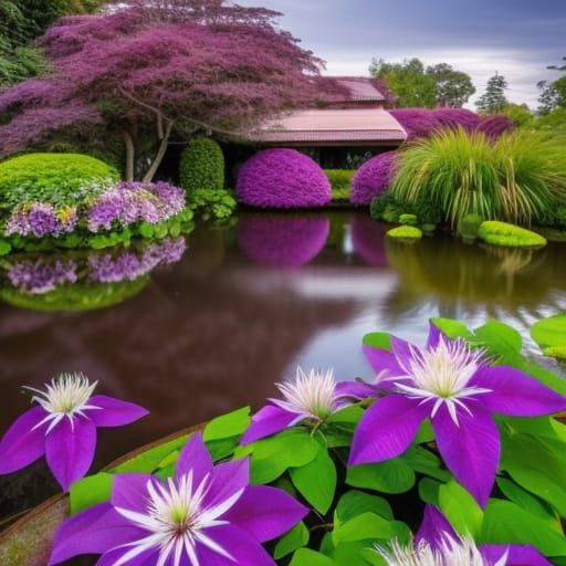 Purple Clematis Flower in Surreal Garden Paradise