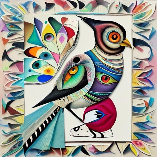 Surreal Folk Art Bird Collage in Mixed Media