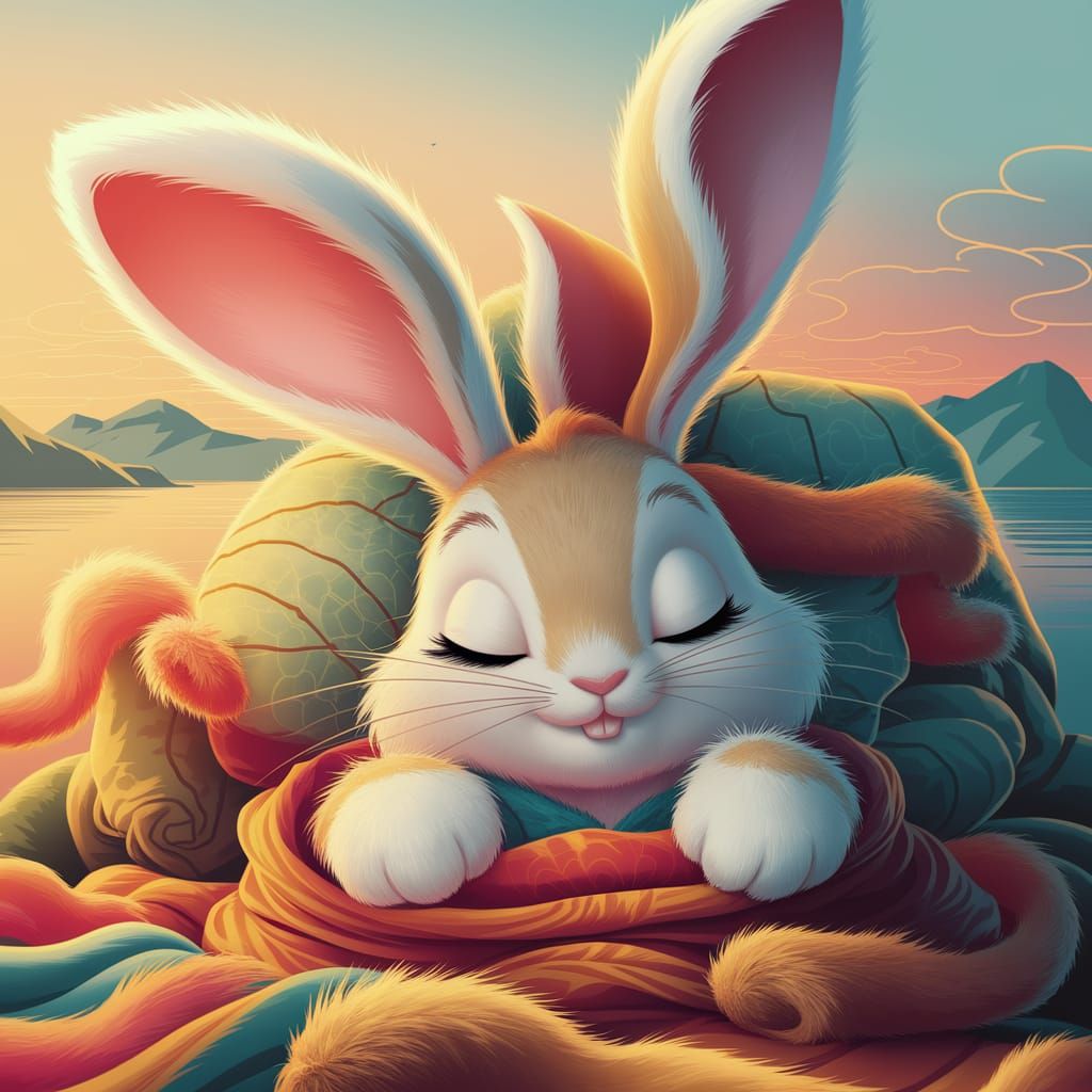 Viking Bunny Slumbers in Whimsical Ukiyo-e Setting