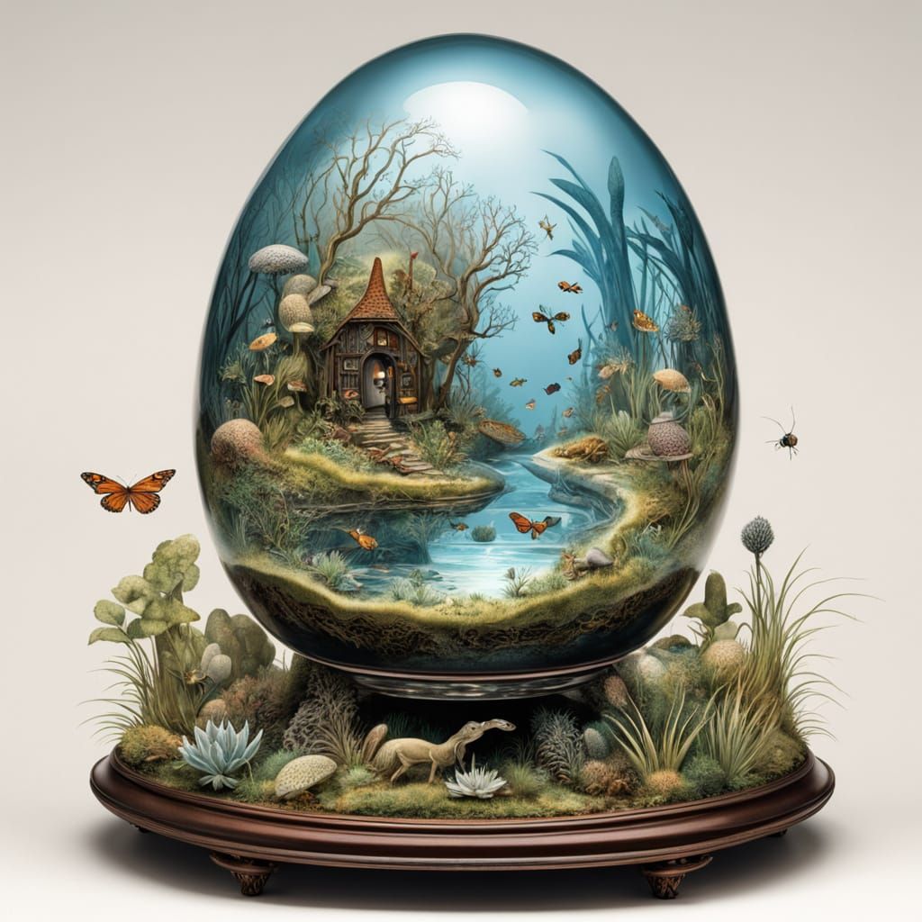 Miniature Ecosystem Inside a Glass Egg in Surrealist Nature ...