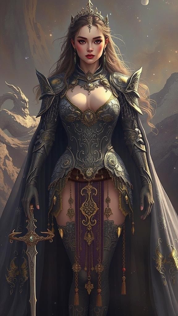 Hyper-realistic beautiful ethereal woman standing in beautifully detailed armor