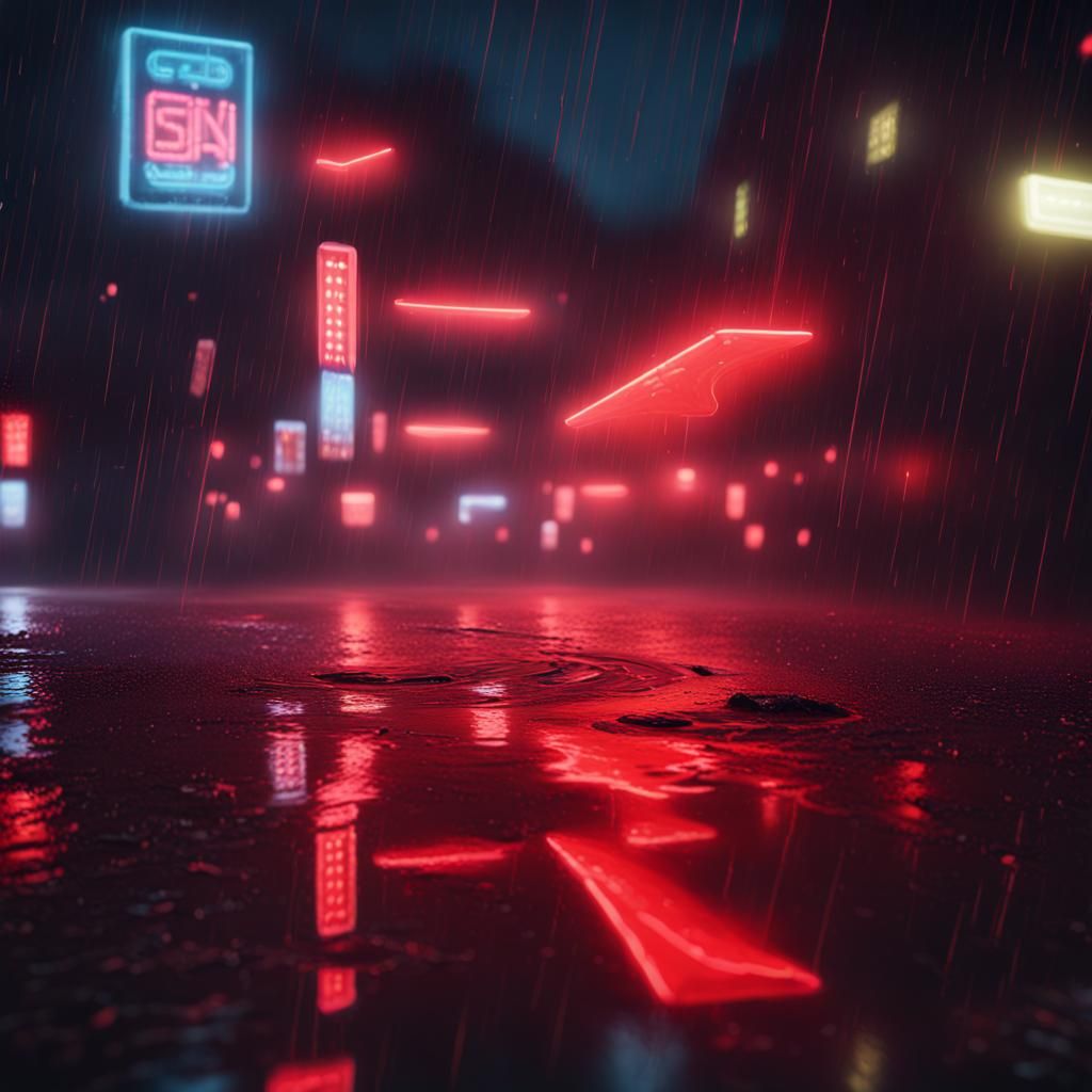 Neon Lights Reflected in Rainy Puddle: Matte Painting