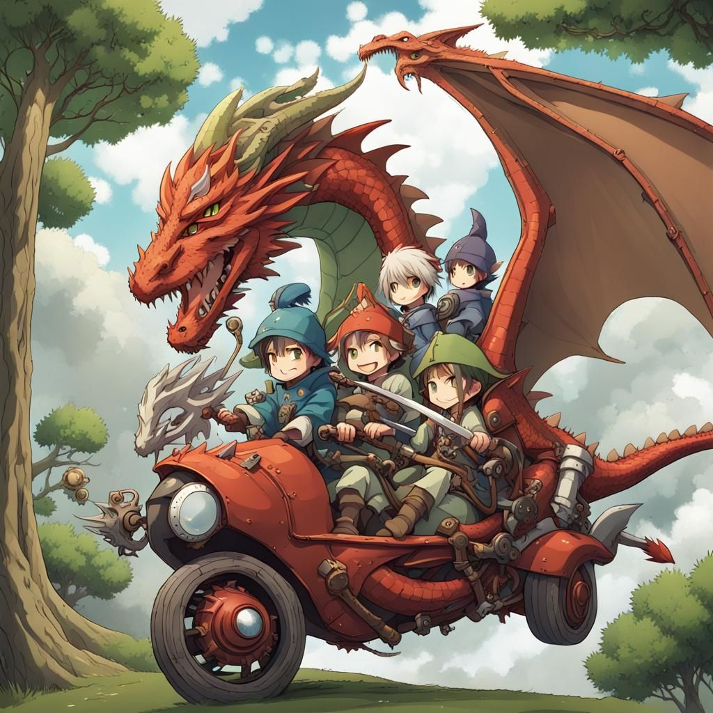 Mechanical Dragon Chasing Anime-Style Adventurers