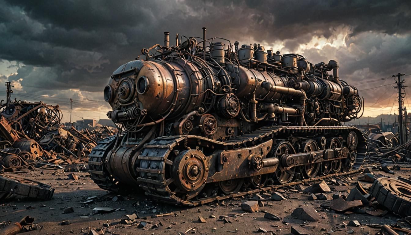 Dieselpunk Caterpillar War Machine in Wasteland Sunset