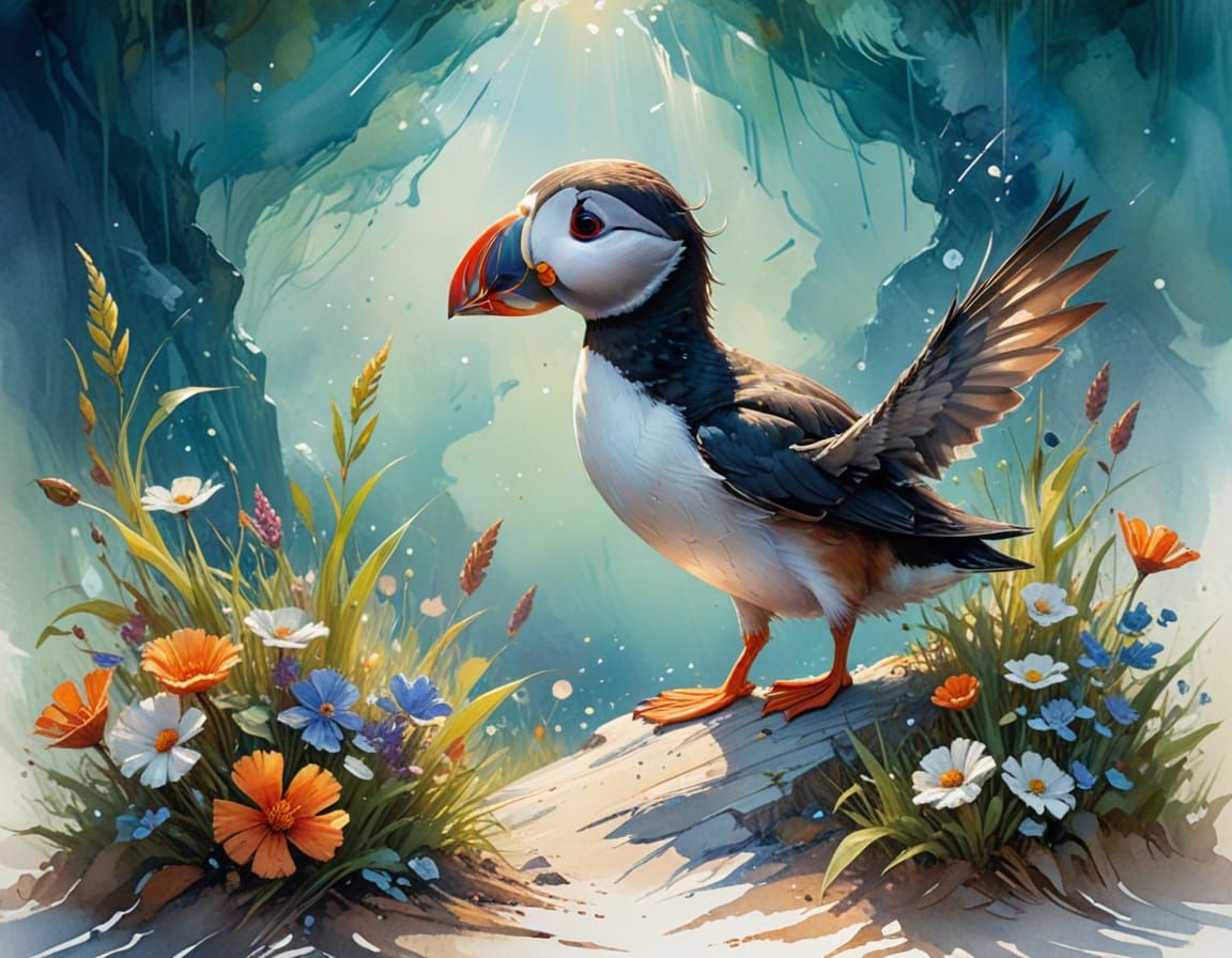Puffin in Grassy Burrow as Impressionist Oil Painting