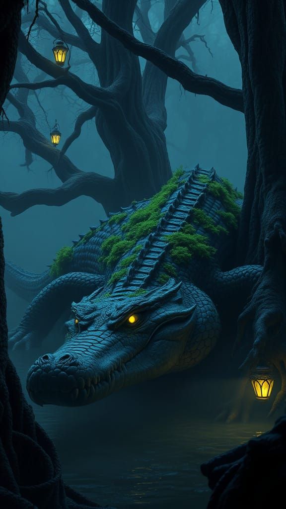 Haunting Swamp Beast Emerges from Cypresses in Dark Fantasy...