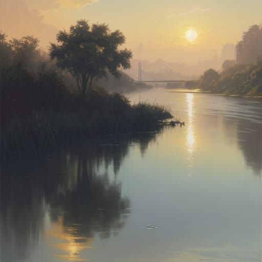 Riverside Sunset Digital Painting with Vibrant Colors