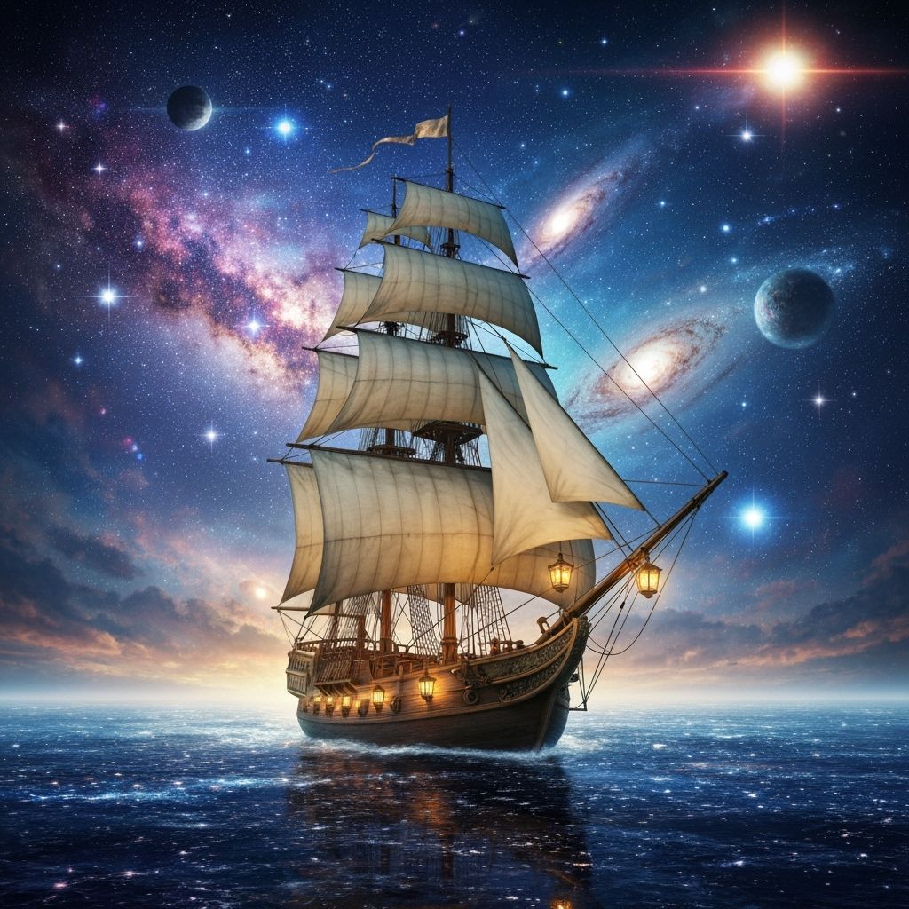 Stardust Sailing Ship Amidst Glowing Galaxies