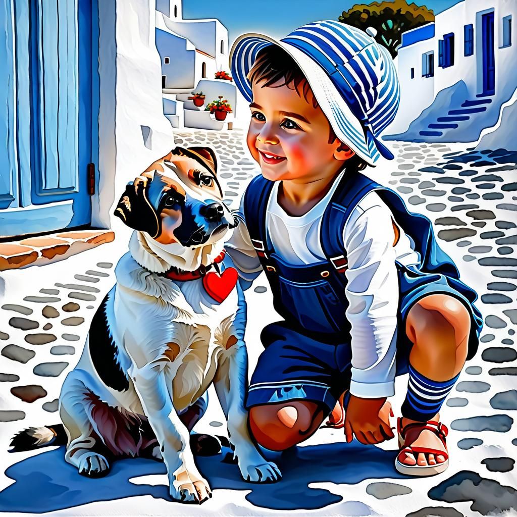 Santorini Island Watercolor Painting of Joyful Friends